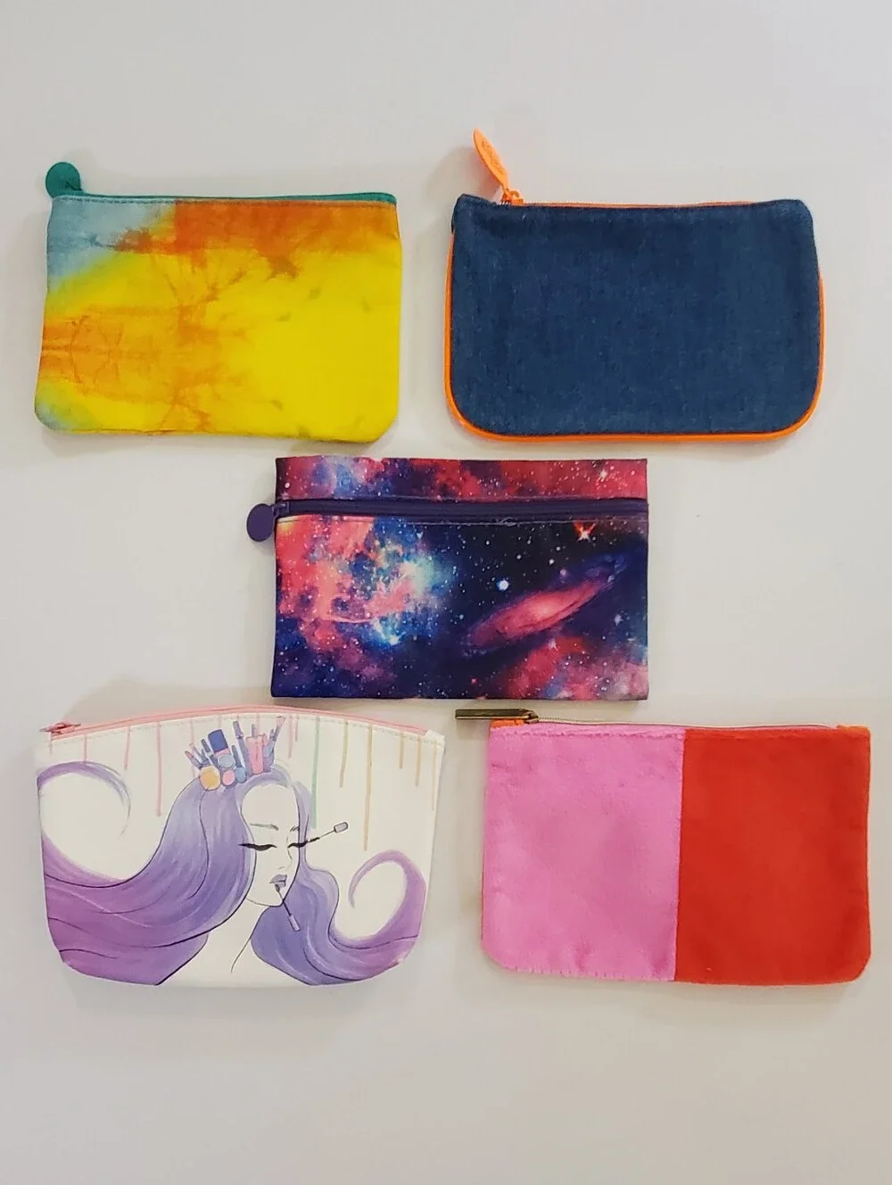 IPSY Bags Set of 5 Assorted Cosmetic Bags Tie-dye Denim Cosmic Princess